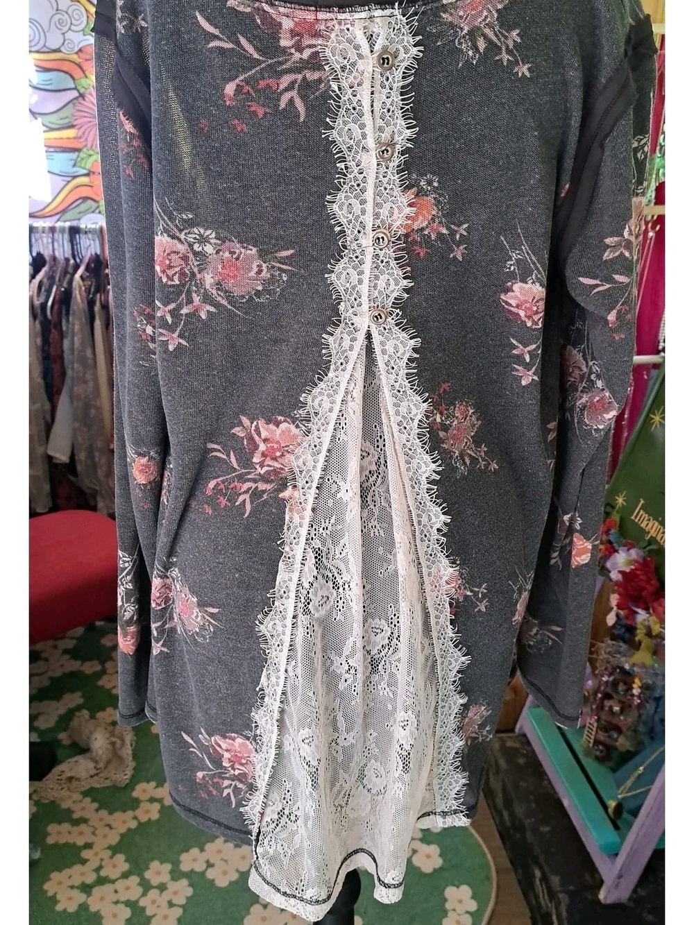 Twilight Bloom Romantic Lace Inset Floral Tunic Top XL Whimsigoth Boho Fairycore